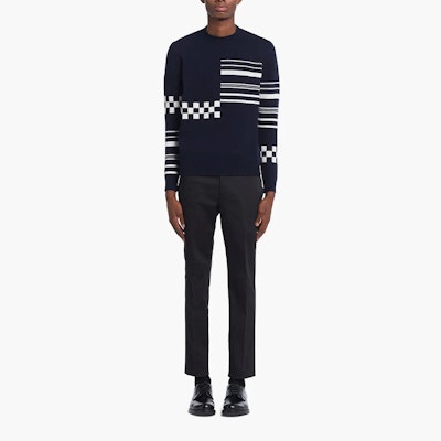 PRADA Blue Checkered Striped Cashmere Sweater. UMB325-10K4-F022X-S-221 Lookbook PRADA Blue Checkered Striped Cashmere Sweater. UMB325-10K4-F022X-S-221