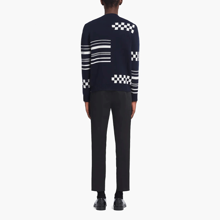 Shop PRADA  Blue Checkered Striped Cashmere Sweater. UMB325-10K4-F022X-S-221