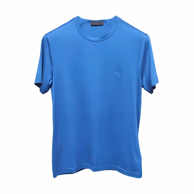PRADA Blue Crewneck Short Sleeve T-Shirt with Logo Embroidery. UJM564-1UOR-F0AFC-04-01-S-092