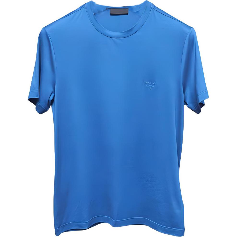 Order 프라다 블루 로고 자수 반팔 크루넥 티셔츠. UJM564-1UOR-F0AFC-04-01-S-092