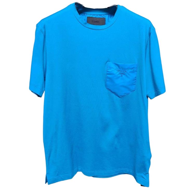 PRADA  Blue Logo Embroidered Pocket Crew Neck T-Shirt. UJN587-1UOQ-F0OGV-S-192