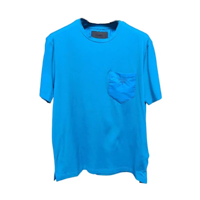 PRADA Blue Logo Embroidered Pocket Crew Neck T-Shirt. UJN587-1UOQ-F0OGV-S-192