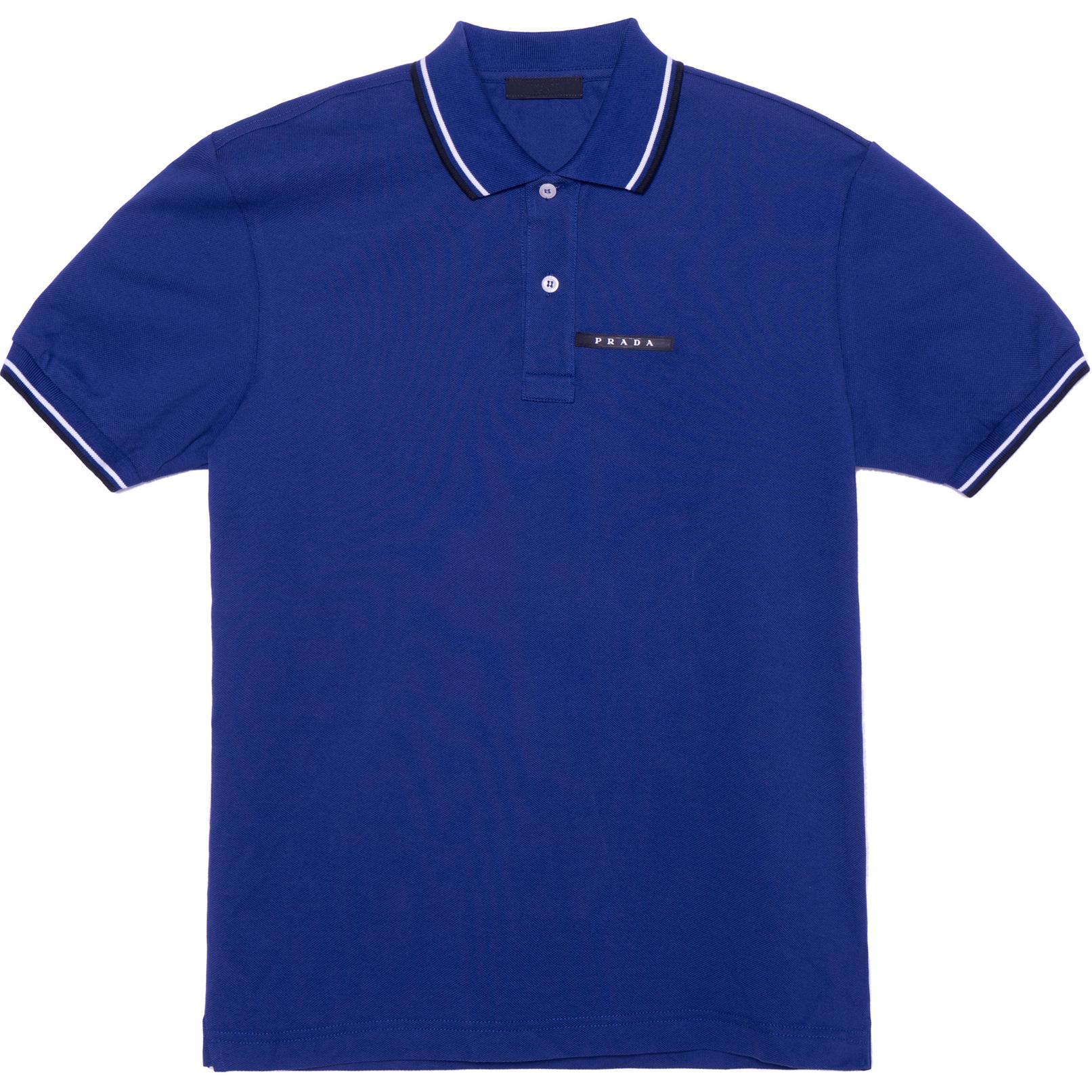 PRADA  Blue Logo Striped Collar Short Sleeve Polo Shirt. SJN256-322-F0AHG