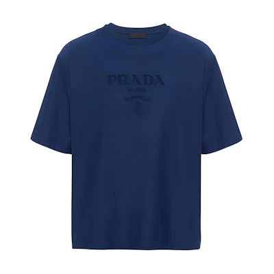 PRADA Blue Oversized Logo Print Crewneck T-Shirt. UJN897-14LB-F0008-S-OOO