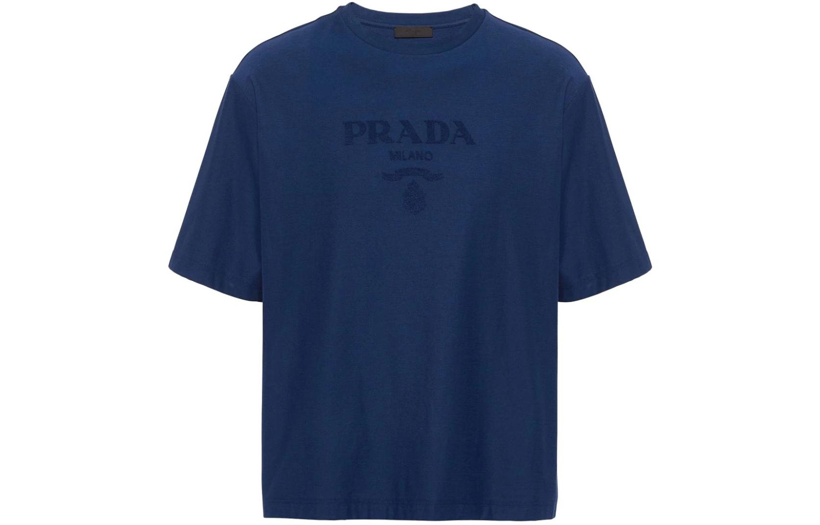 Order 프라다 블루 오버사이즈 로고 프린트 크루넥 티셔츠. UJN897-14LB-F0008-S-OOO