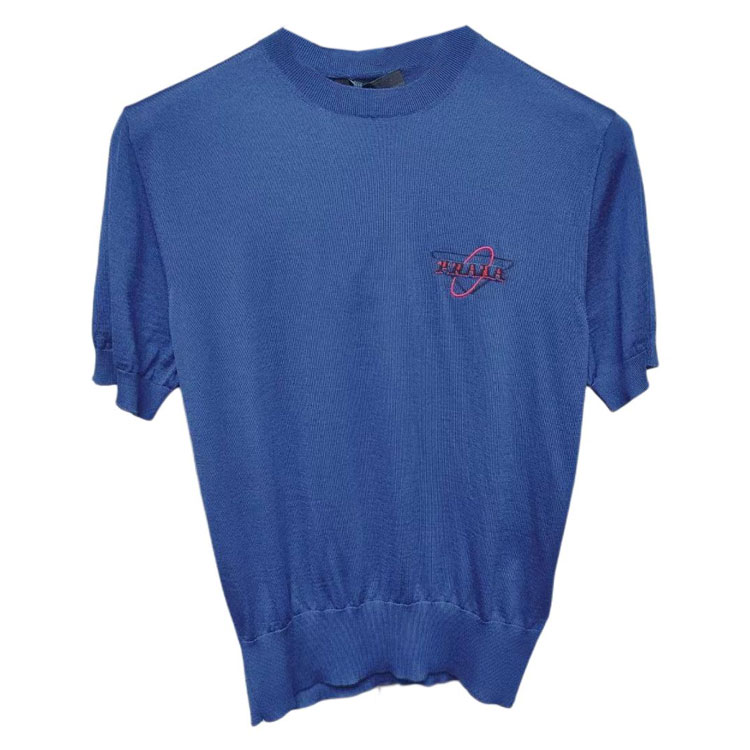 PRADA  Blue Short-Sleeve Knit Sweater with Embroidered Logo. UMB045-1WIO-F0216
