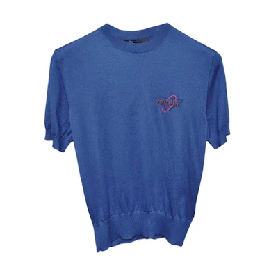 PRADA Blue Short-Sleeve Knit Sweater with Embroidered Logo. UMB045-1WIO-F0216