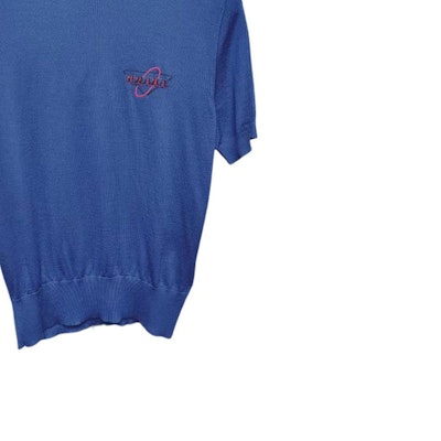 PRADA Blue Short-Sleeve Knit Sweater with Embroidered Logo. UMB045-1WIO-F0216 Details for PRADA Blue Short-Sleeve Knit Sweater with Embroidered Logo. UMB045-1WIO-F0216