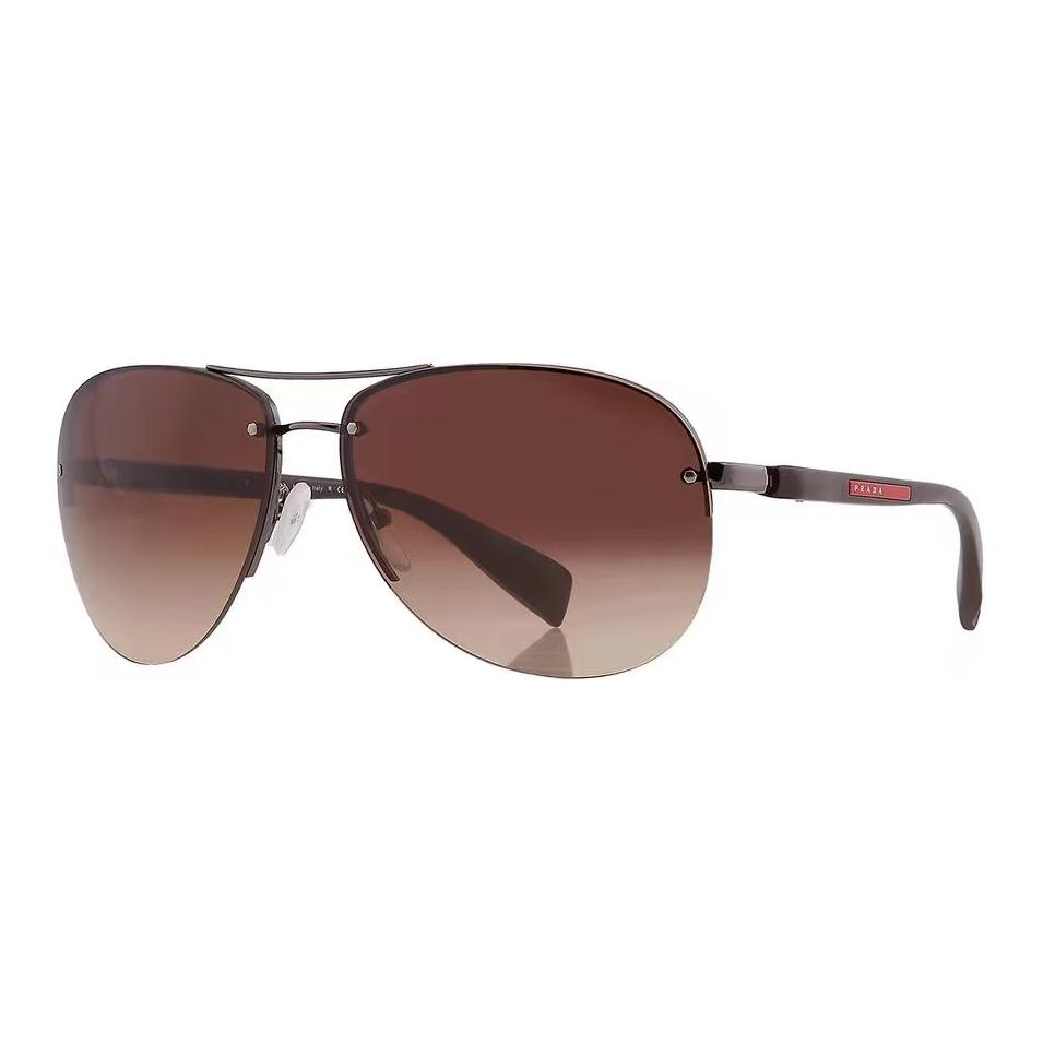 PRADA  Brown Half-Frame Metal Aviator Sunglasses. 5AV6S1 65