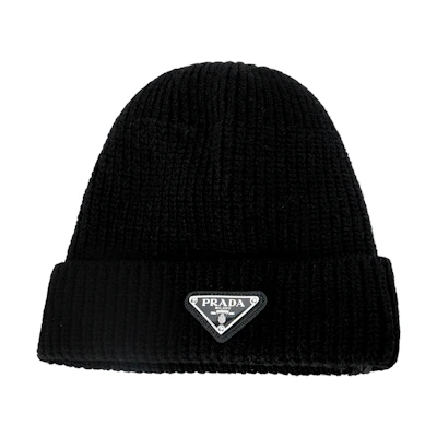 PRADA Cashmere Knit Hat with Logo Patch - Black. UMD489_3IM_F0002_S_211
