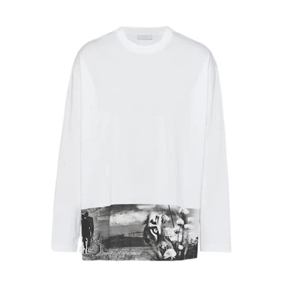 PRADA Contrast Pattern Printed Long-Sleeve Loose Fit Crewneck T-Shirt UJL44A-11R6-F0009-S-222