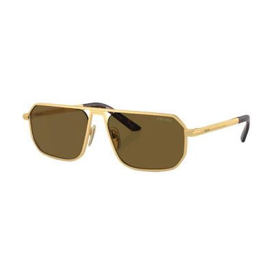 PRADA Gold Rectangular Metal Sunglasses with Logo Print Temples. PRA53S1BK01T
