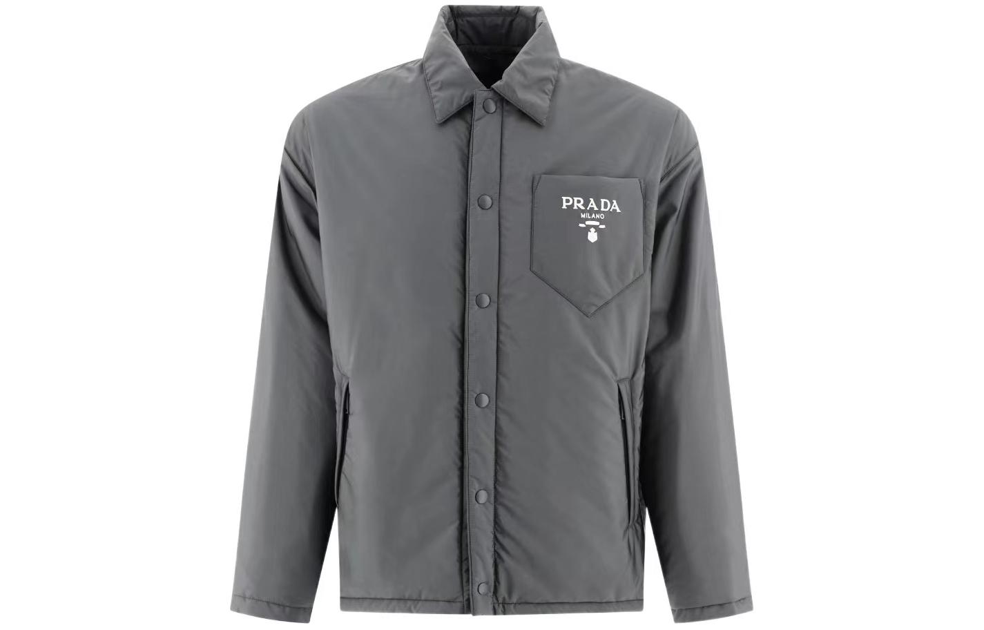 PRADA  Grey Cotton Jacket with Letter Logo Print and Single-Breasted Design. SGN9142-107L-FOSU8