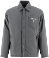PRADA Grey Cotton Jacket with Letter Logo Print and Single-Breasted Design. SGN9142-107L-FOSU8 PRADA Grey Cotton Jacket with Letter Logo Print and Single-Breasted Design. SGN9142-107L-FOSU8