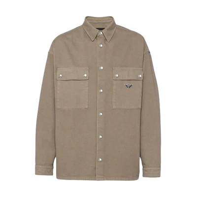 PRADA Khaki Solid Denim Textured Long Sleeve Shirt. GEC088-13B3-F0572-S-232