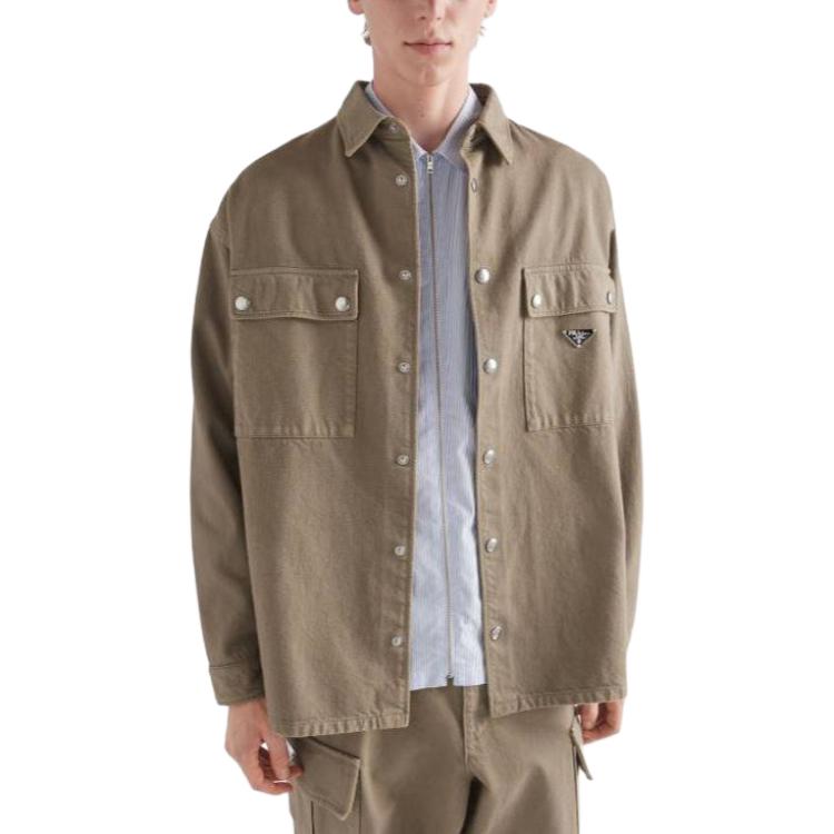 Lookbook 普拉达卡其色纯色牛仔纹理长袖衬衫. GEC088-13B3-F0572-S-232