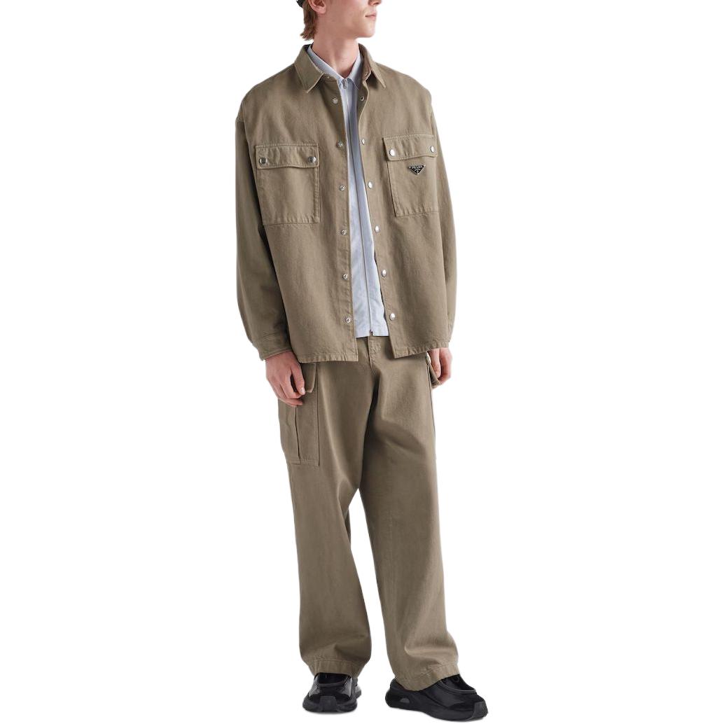 Shop 普拉达卡其色纯色牛仔纹理长袖衬衫. GEC088-13B3-F0572-S-232