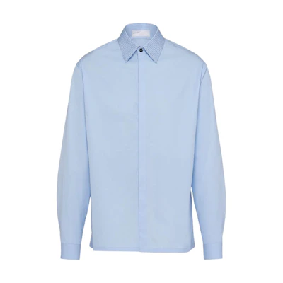 PRADA Light Blue Long Sleeve Shirt with Studded Cuffs and Triangle Logo. UCN489-1XV2-F0012-S-231
