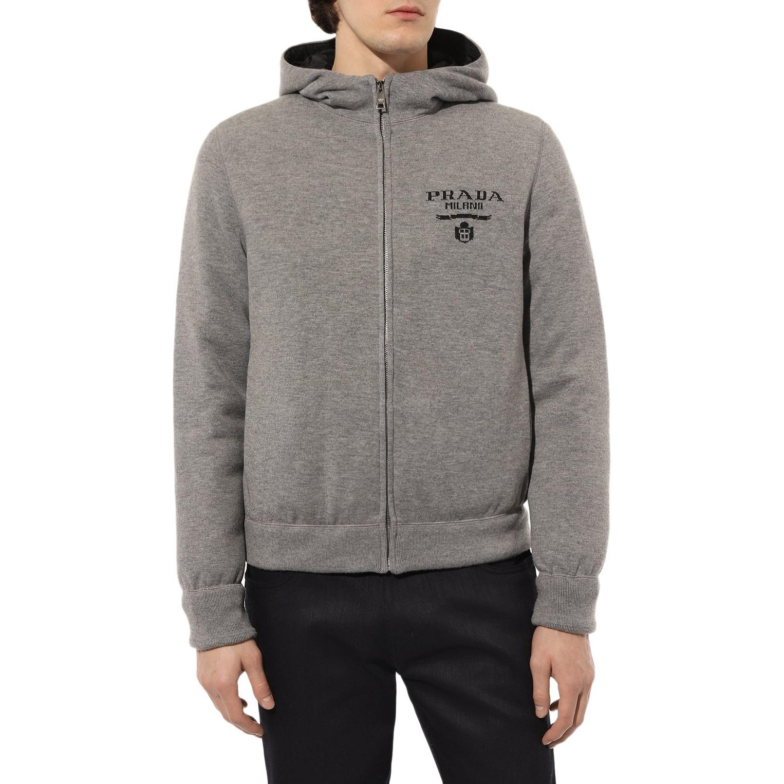 Shop PRADA  Logo Print Zip-Up Hooded Puffer Jacket Grey SGC021-10J4-F0031-S-212