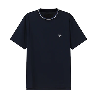PRADA Navy Blue Cotton Embroidered Logo Crew Neck T-Shirt. UJN797-710-F0008-S-221