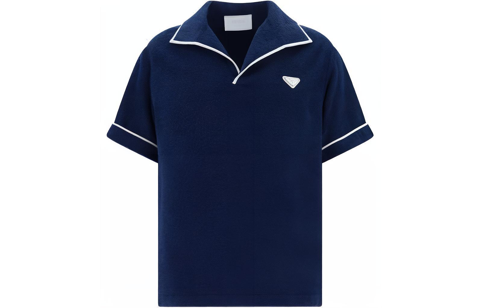 PRADA  Navy Blue Striped Logo Print Short Sleeve Polo Shirt. SC751-1ZR3-F0008-S-OOO