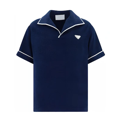 PRADA Navy Blue Striped Logo Print Short Sleeve Polo Shirt. SC751-1ZR3-F0008-S-OOO
