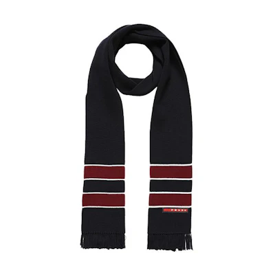 PRADA Navy Fringe Knit Scarf with Simple Logo Design. SMS191-KUS-F0008