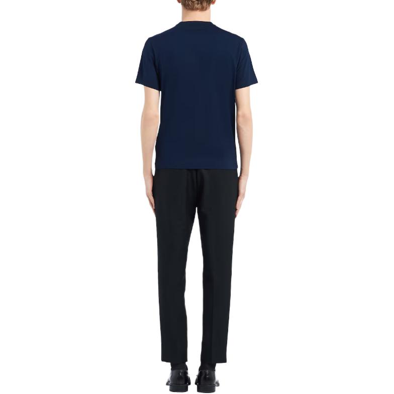 Shop 프라다 네이비 스트레치 코튼 크루넥 슬림핏 반팔 티셔츠 UJM564-1UOR-F0124-S-092