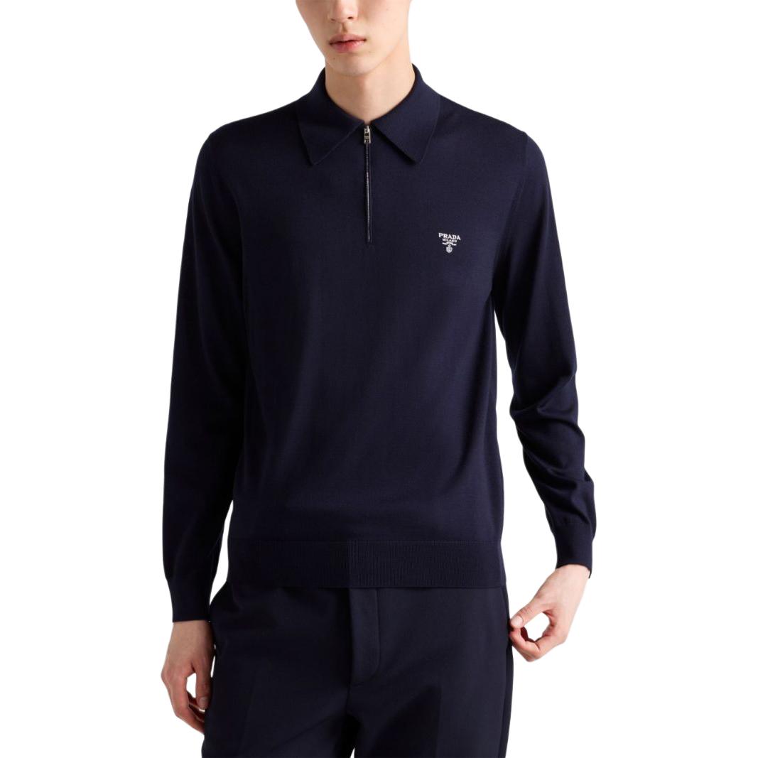 PRADA  Navy Wool Half-Zip Sweater with Embroidered Logo FW24 UMB815-1164--S-OOO 圖 3