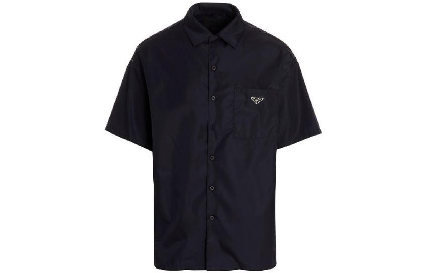 PRADA  Nylon Short Sleeve Shirt with Triangle Logo in Navy Blue. SC608-1WQ8-F0SVF-05