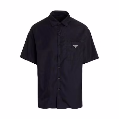 PRADA Nylon Short Sleeve Shirt with Triangle Logo in Navy Blue. SC608-1WQ8-F0SVF-05
