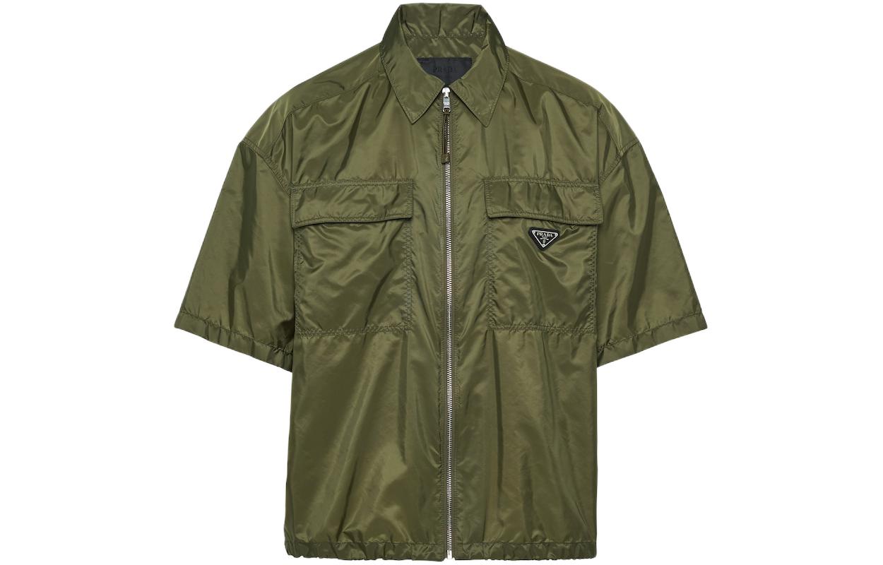 PRADA  Short-Sleeve Light Re-Nylon Zip Shirt in Green. SC758-1WQ9-F0161-S-OOO