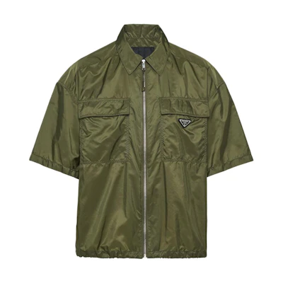 PRADA Short-Sleeve Light Re-Nylon Zip Shirt in Green. SC758-1WQ9-F0161-S-OOO