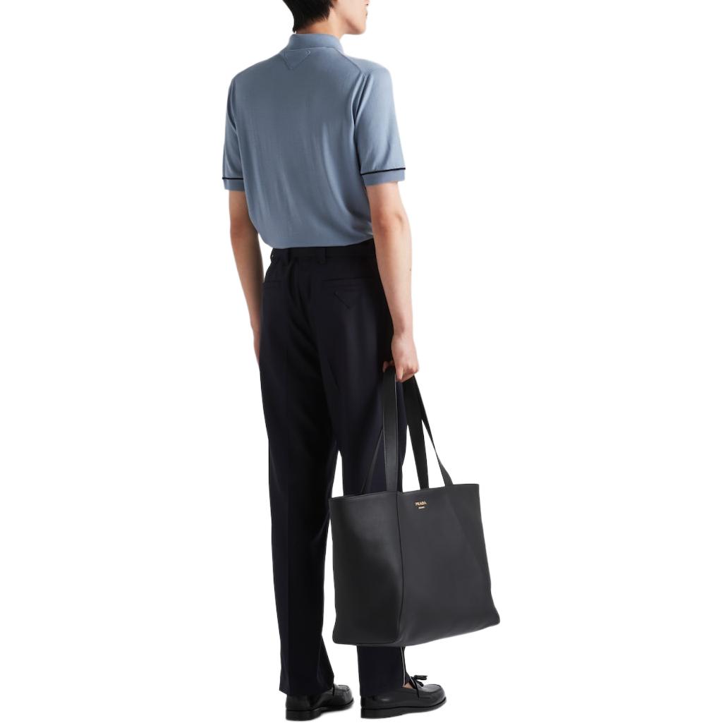 Shop PRADA  Slim Fit Solid Color Short Sleeve Polo Shirt Blue UJN914-15DI-F0FQ3-S-OOO