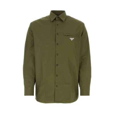 PRADA Solid Logo Collared Long-Sleeve Shirt Green UCN549-1XV2-F0161-S-OOO