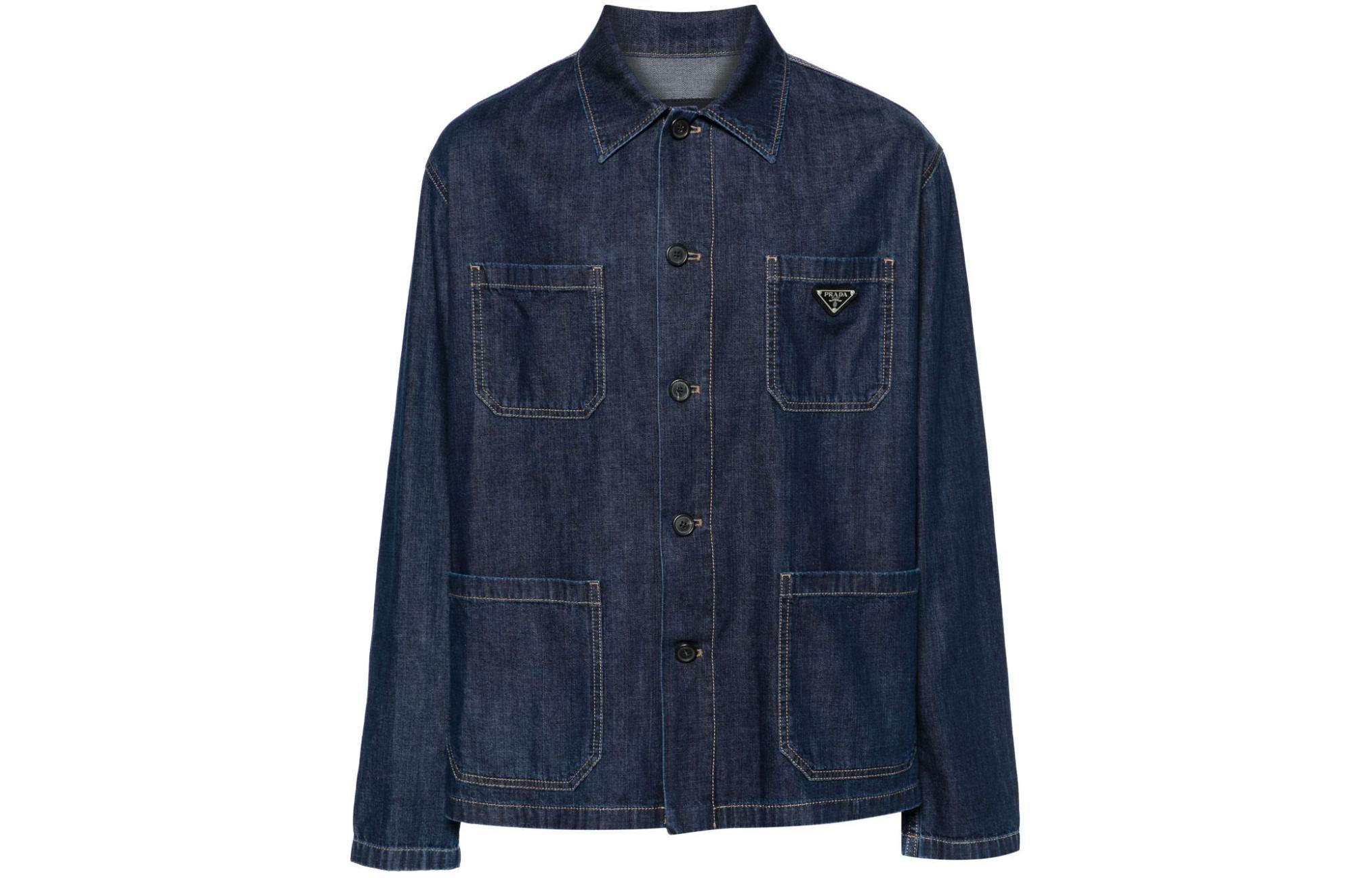 PRADA  Solid Multi-Pocket Single-Breasted Denim Jacket in Dark Blue. GEB256-14PW-F0008-S-OOO
