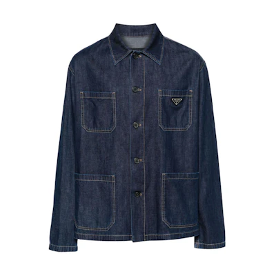 PRADA Solid Multi-Pocket Single-Breasted Denim Jacket in Dark Blue. GEB256-14PW-F0008-S-OOO