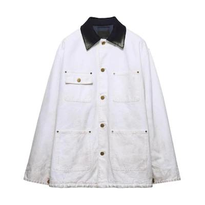 PRADA White Distressed Collar Single-Breasted Long-Sleeve Jacket. SGC675-14W7-F0009-S-OOO