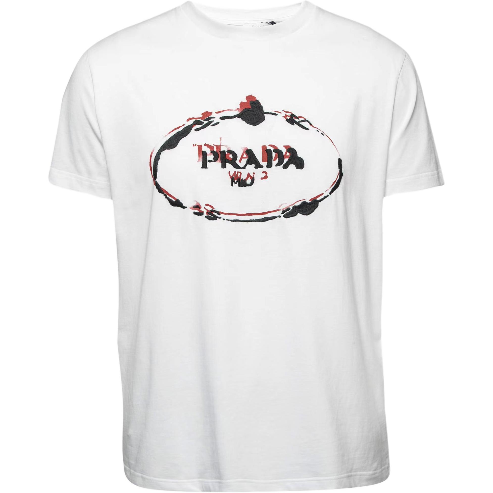 PRADA  White Logo Print Embroidered Crew Neck T-Shirt UJN555-R182-1TE4