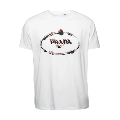 PRADA White Logo Print Embroidered Crew Neck T-Shirt UJN555-R182-1TE4
