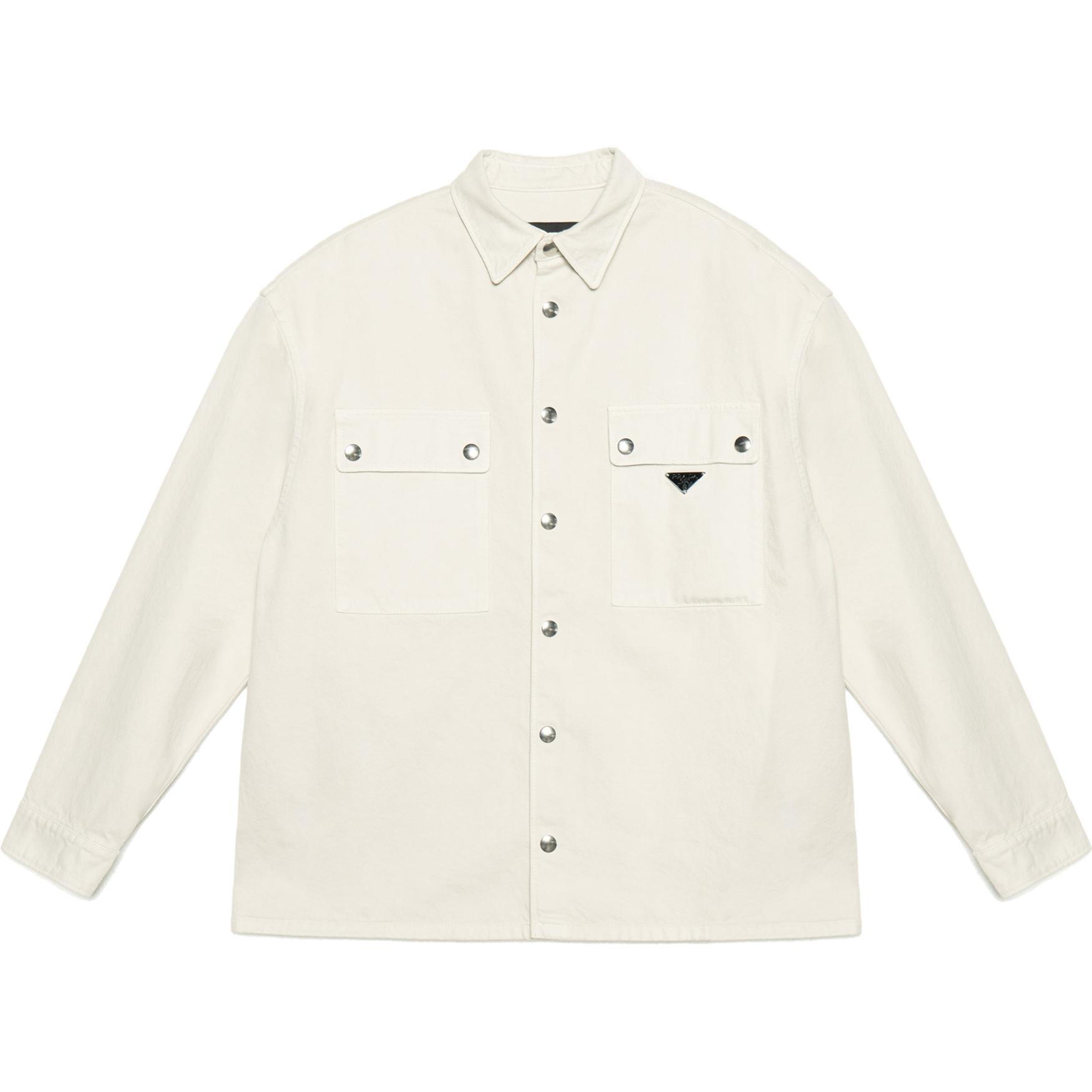 PRADA  White Long Sleeve Button-Up Shirt with Classic Point Collar. GEC088-13B3-F0379