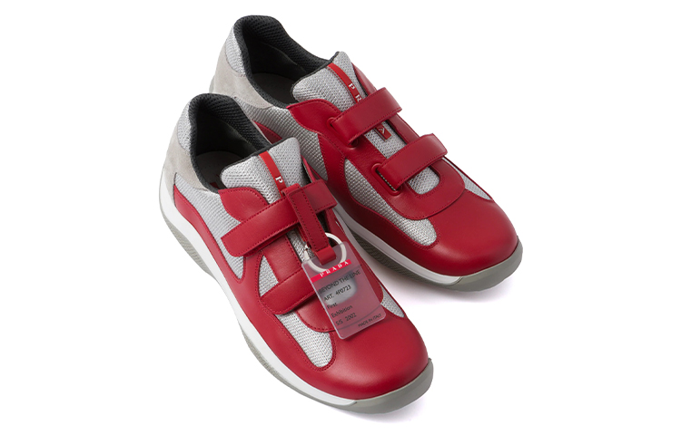 Lookbook PRADA America‘s Cup 皮革 魔術貼拼色 減震 低筒 休閒運動鞋 男款 紅灰
