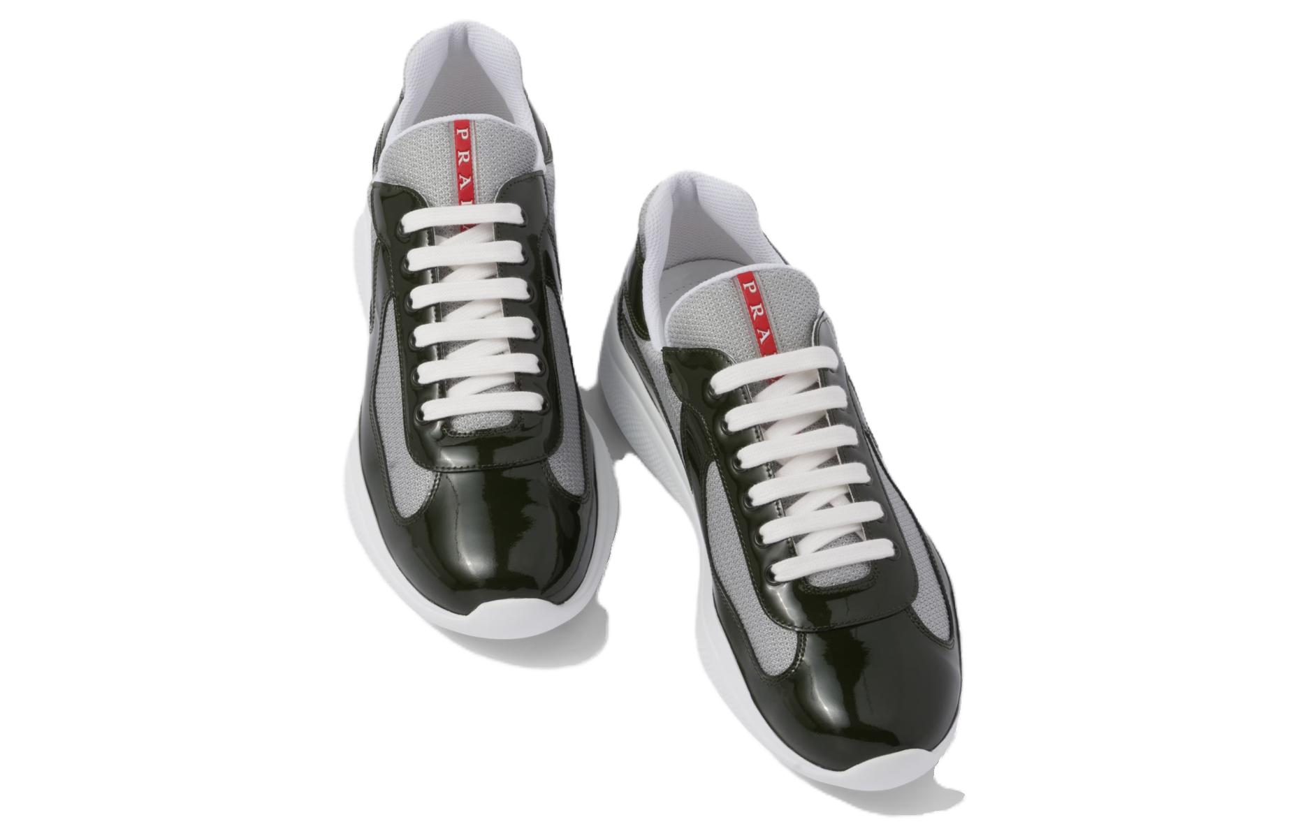 Shop PRADA America's Cup 漆皮 百搭舒適 低幫 休閒鞋 男款 銀綠色