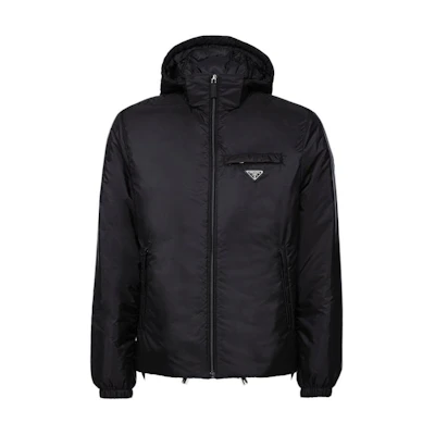 PRADA Black Hooded Puffer Jacket with Logo and Full Zip. SGN955-1WQ9-S-191