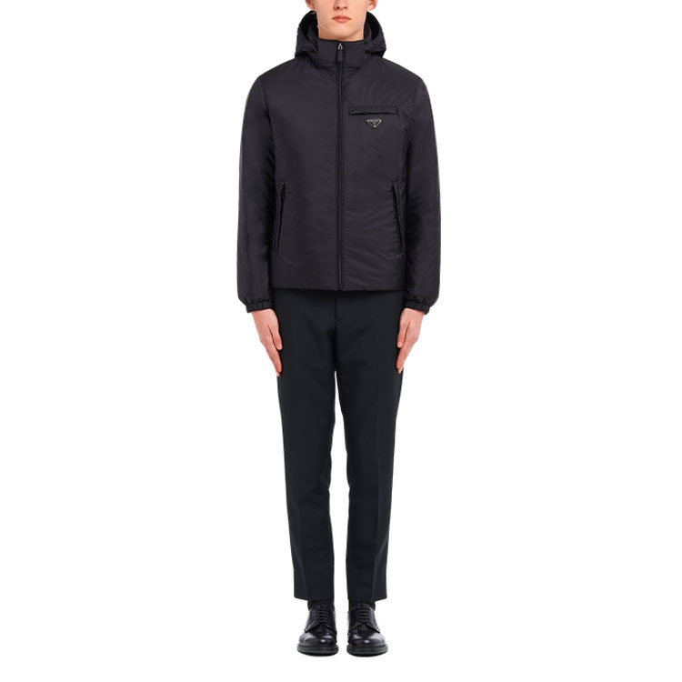Lookbook PRADA Black Hooded Puffer Jacket with Logo and Full Zip. SGN955-1WQ9-S-191