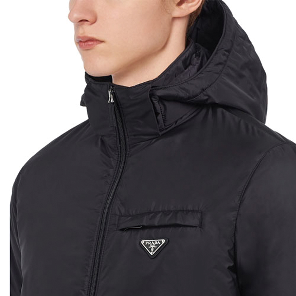 Details for PRADA Black Hooded Puffer Jacket with Logo and Full Zip. SGN955-1WQ9-S-191