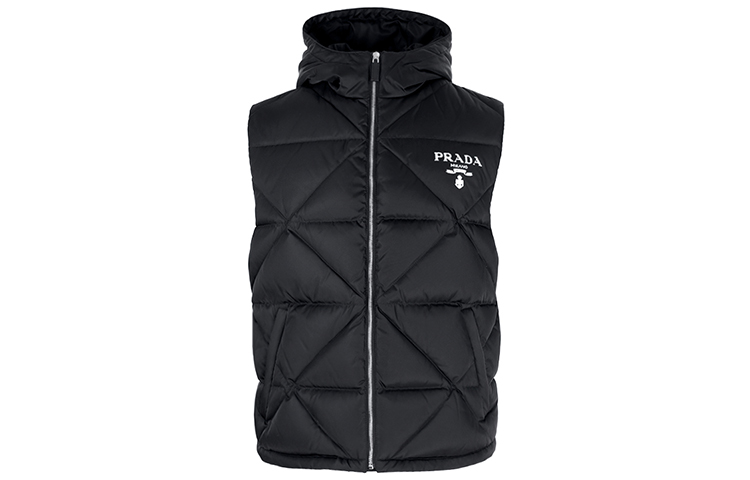 PRADA Black Logo Print Down Vest with Hood. SGB804-1WQ8-F0002