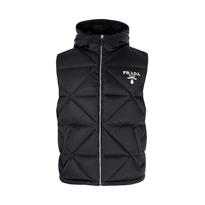 PRADA Black Logo Print Down Vest with Hood. SGB804-1WQ8-F0002