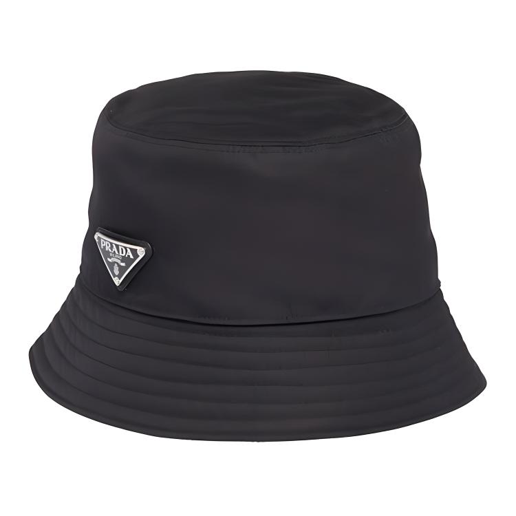 PRADA Black Nylon Bucket Hat with Enamel Triangle Logo 2HC137-2B15-F0002