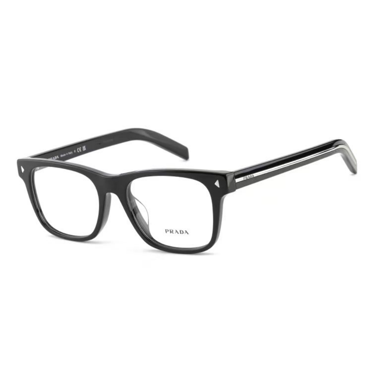 Order PRADA Cermin Mata Hitam Segi Empat Unisex dengan Aksen Emas dan Rekaan Logo. SPRA13VF-16K1O1